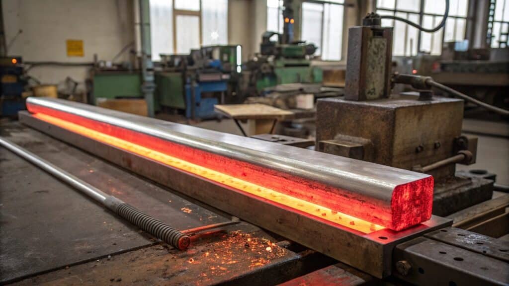 alt with keywords: person carefully heating an aluminum bar with a torch before bending